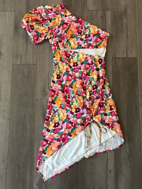 One-Shoulder Asymmetrical Floral Midi Dress